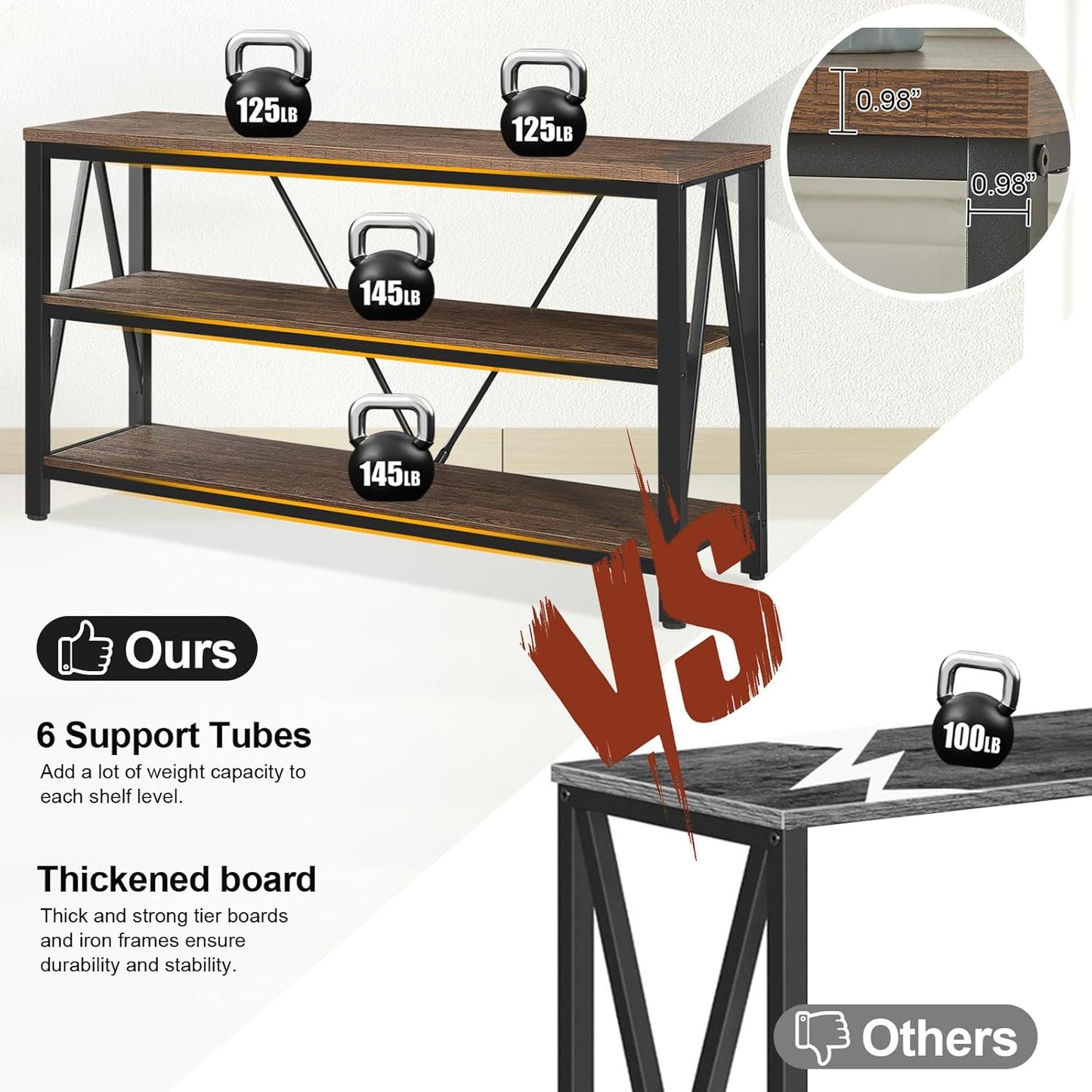 Entryway Console Table, Rustic Couch with Wide Storage, Industrial Sofa Tables with 3-Tier Open Shelves, Entryway Table for Living Room, Hallway, Brown, 55 Inch