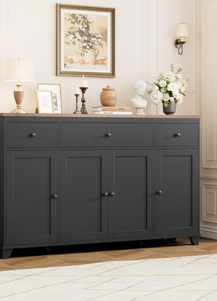 55-Inch Farmhouse Buffet Cabinet with Storage Drawers and Shelves - Versatile Wood Sideboard for Kitchen, Dining, and Living Room in Black