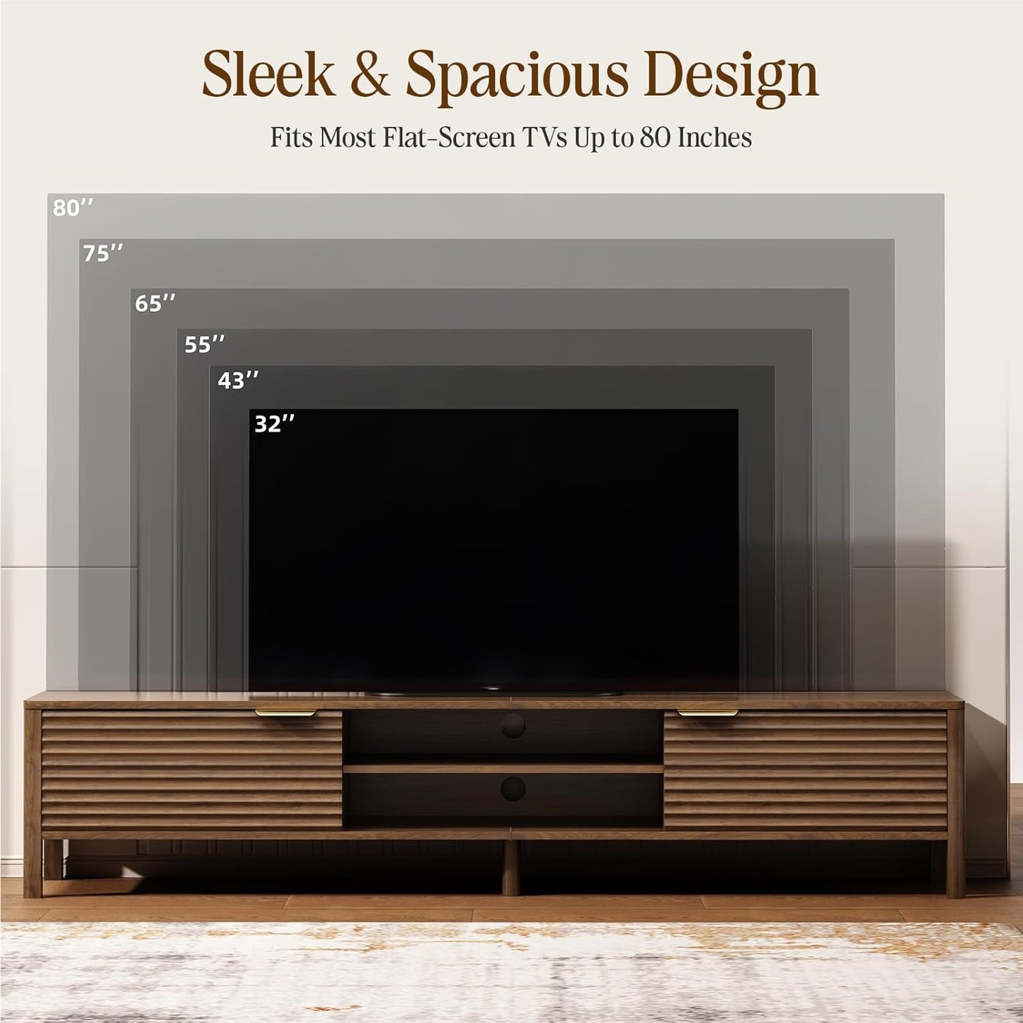 TV Stand for Living Room - up to 80 Inch Tvs Mid Century Modern Entertainment Center with Storage and Adjustable Shelves, Media Console Table Walnut 71"