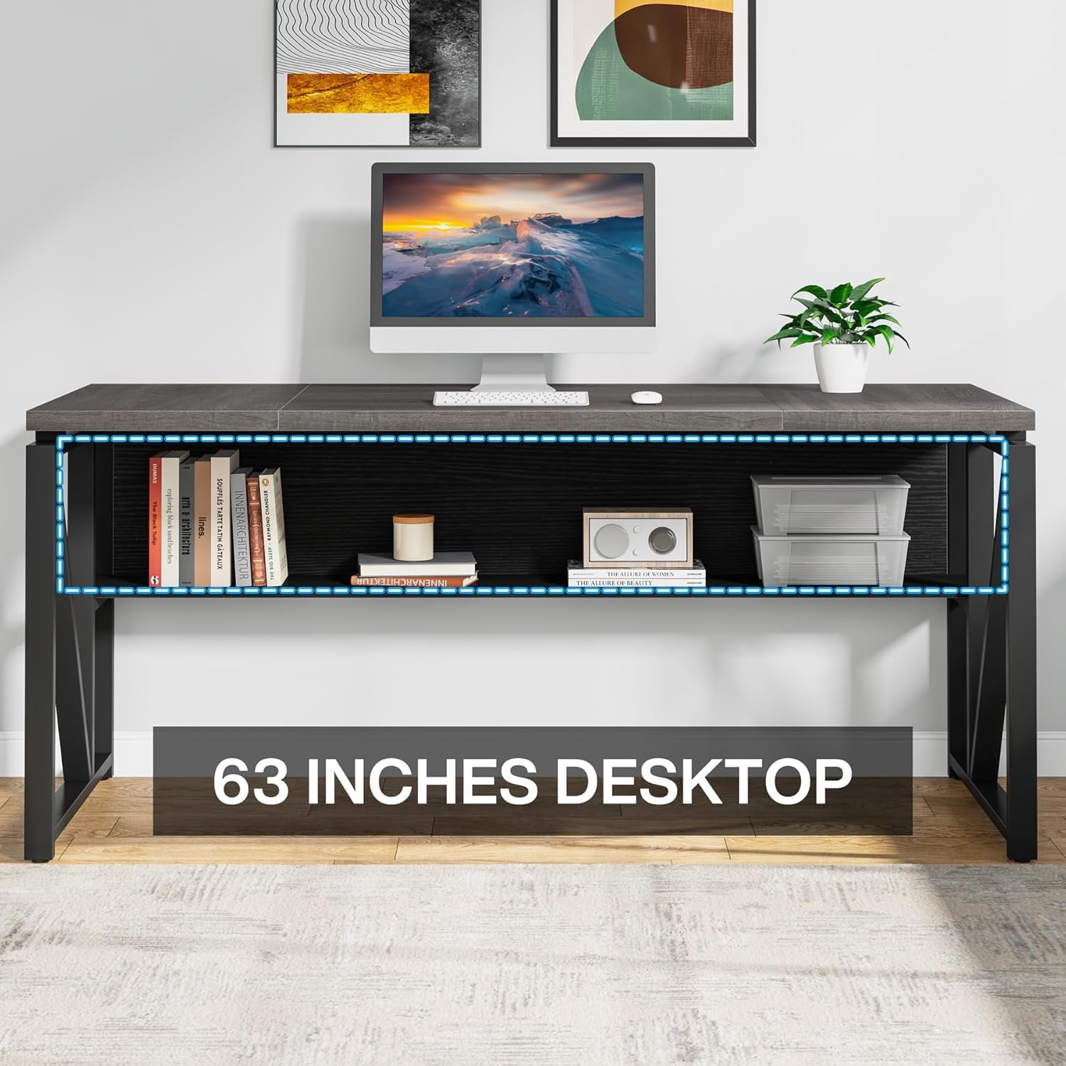 L Shaped Desk with Drawer Cabinet, 63" Executive Computer Desk and Lateral File Cabinet, 2 Piece Home Office Furniture with Drawers for Hanging File, Doors with Locks (Gray, 63 Inches)