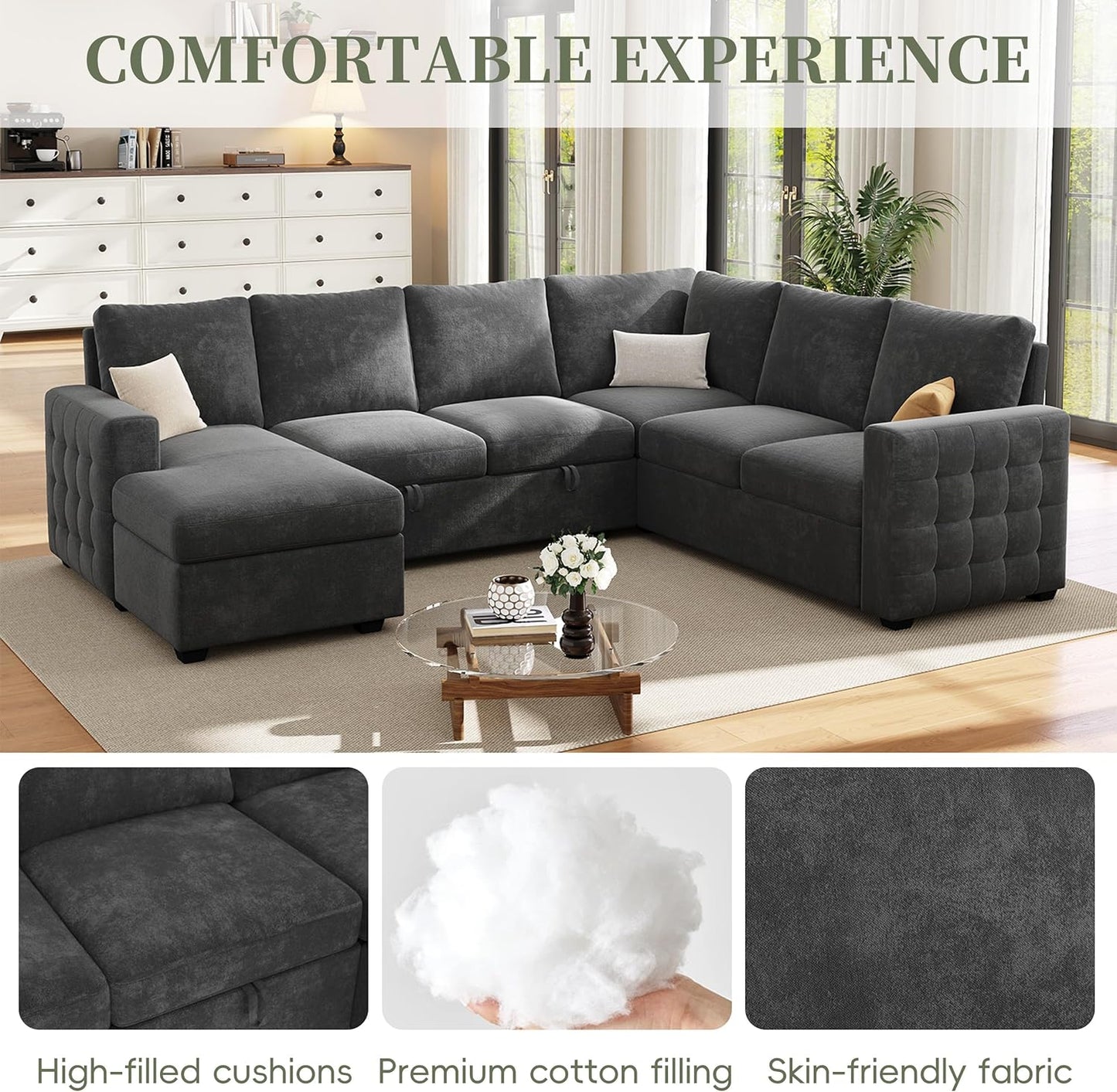 104" Sectional Sleeper Sofa Bed, Pull Out Couch with Storage, Modular Cloud Sofa with Chaise, 7 Seat U Shaped Sectional Couches for Living Room& Apartment, Convertible Sofas, Gray Couch