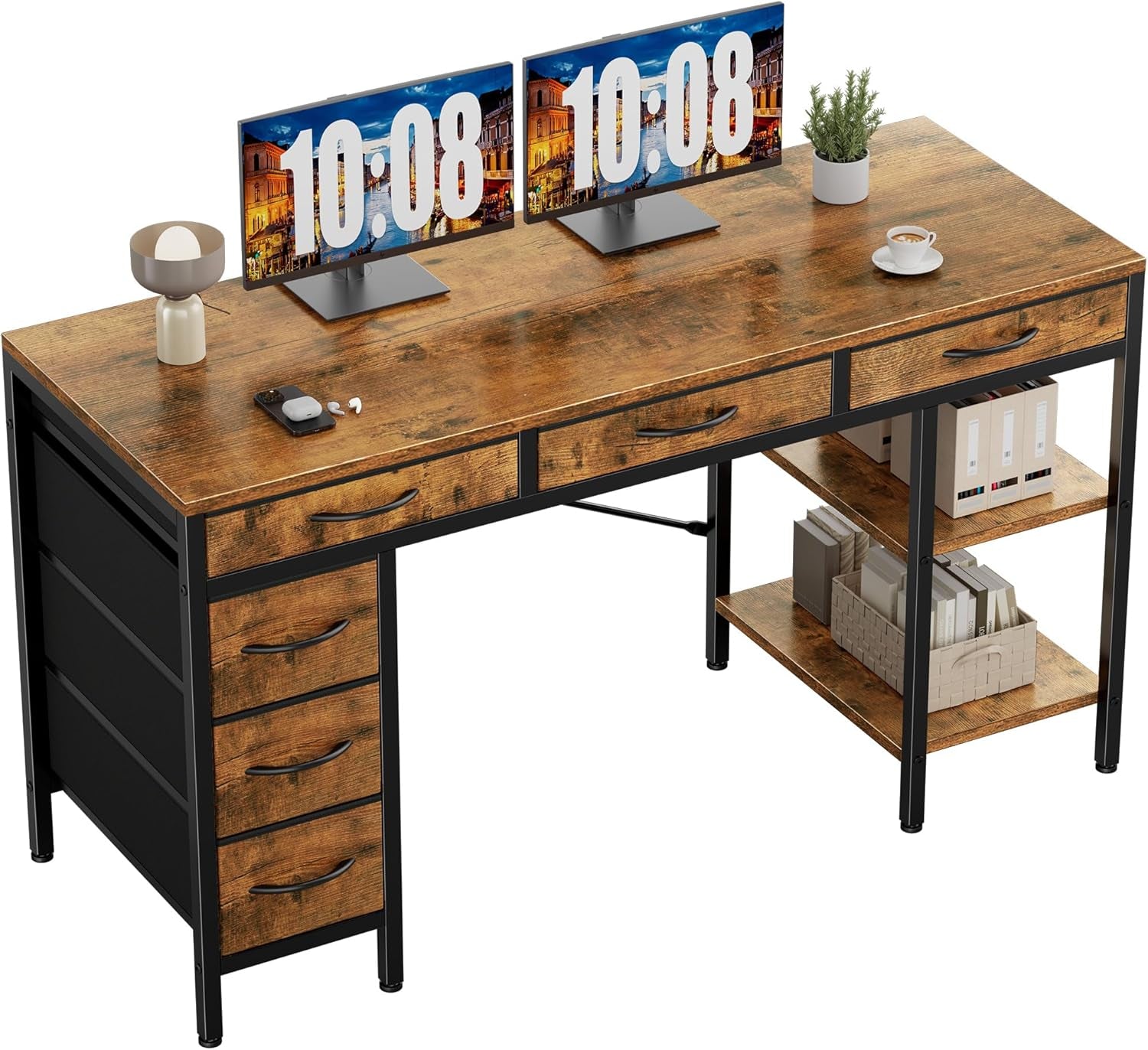 55" Computer Desk with 6 Drawers, Home Office Gaming Desks with Storage Shelves for Bedroom, Writing Study Corner Living Room Work Table Rustic Brown