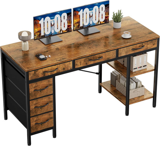 55" Computer Desk with 6 Drawers, Home Office Gaming Desks with Storage Shelves for Bedroom, Writing Study Corner Living Room Work Table Rustic Brown