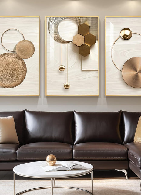 Large Framed Modern Luxury Gold Wall Art Set - 3-Piece Bright Style Art Prints for Living Room, Bronze Gold Geometric Artwork for Hallway, Staircase, and Office Decor - 24x36 Inches