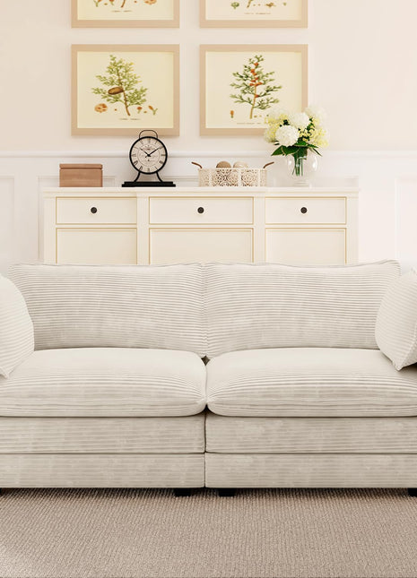 78-Inch Contemporary Corduroy Loveseat with Two Decorative Pillows, Stylish Sectional Sofa for Living Room, Office, and Bedroom in Beige