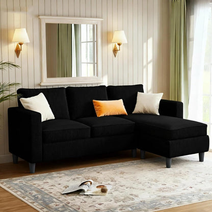 3-Seat Convertible L-Shaped Sectional Sofa with Reversible Ottoman, Upholstered Fabric Couch for Small Living Rooms, Modern Modular Couch for Apartment, Studio & Loft, Black