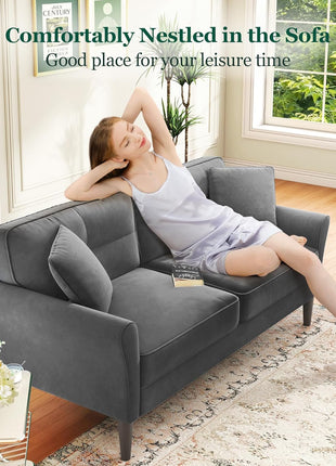 Elegant 69" Velvet Loveseat Sofa with 2 Pillows - Tool-Free Assembly, 700lb Capacity, Ideal for Small Living Spaces and Bedrooms in Charcoal
