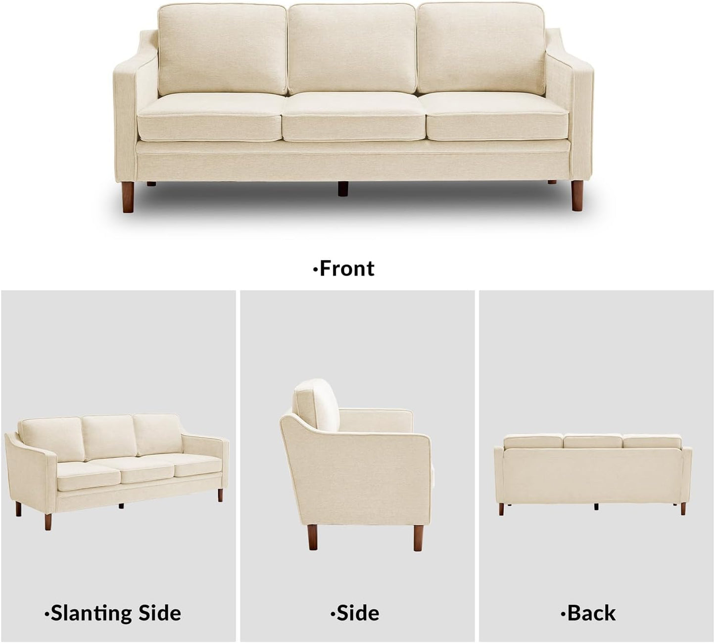 80" Chenille Sofa, 3 Seater Couch, Mid Century Modern Couches with Solid Wood Legs for Living Room & Bedroom, Beige