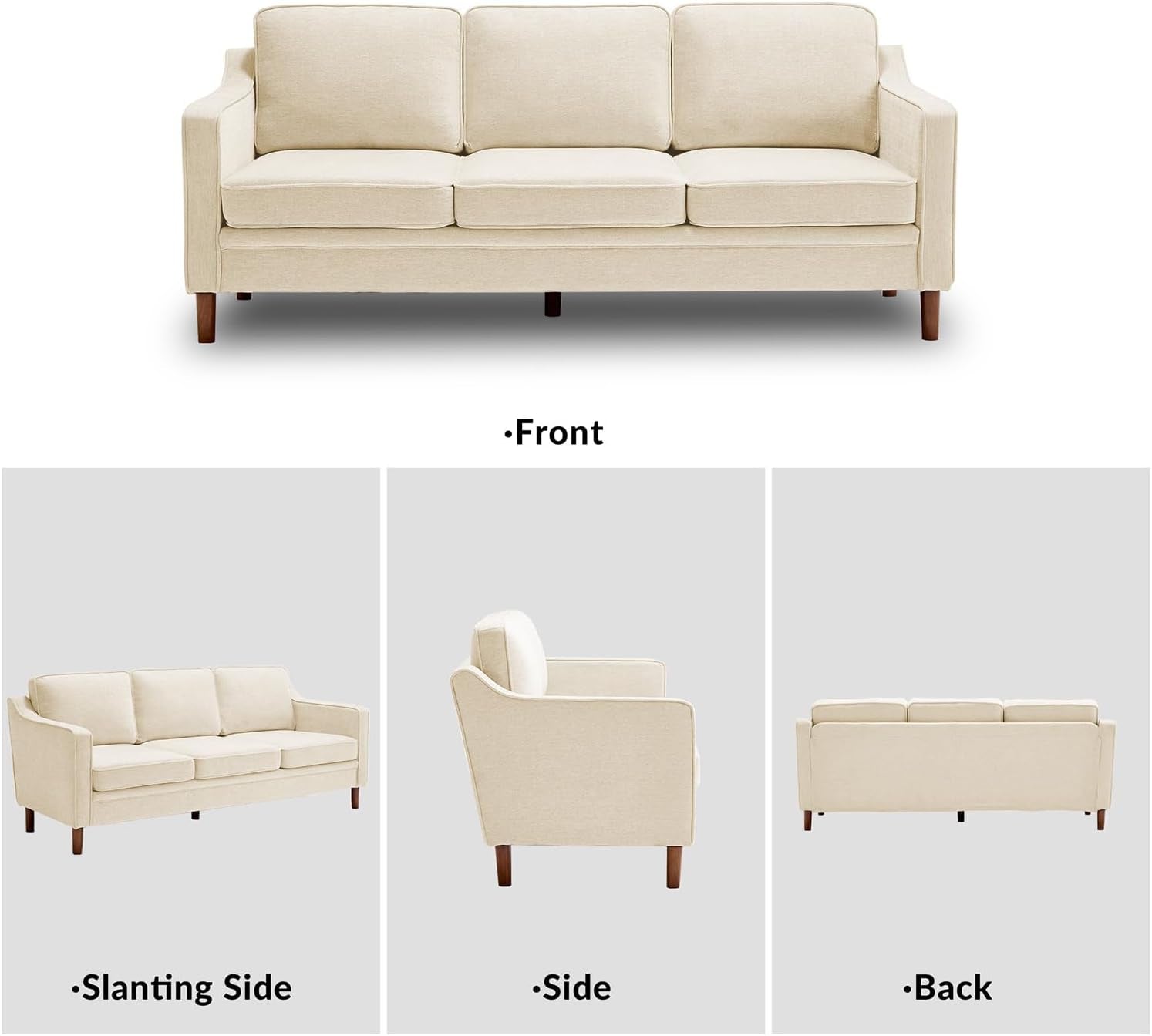 80" Chenille Sofa, 3 Seater Couch, Mid Century Modern Couches with Solid Wood Legs for Living Room & Bedroom, Beige