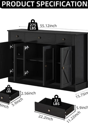 55-Inch Farmhouse Coffee Bar Cabinet with Glass Doors, Four Doors, Three Drawers, and Adjustable Shelves for Kitchen and Dining Room, Black Finish