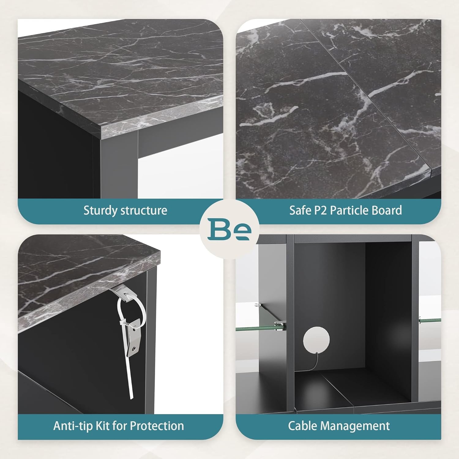 LED Gaming TV Stand for 55 Inch TV, Entertainment Center with Adjustable Glass Shelves, Modern TV Console for Living Room & Bedroom, Black Marble