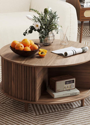 Contemporary Walnut Round Coffee Table with Storage, 31.5" Fluted Center Table for Living Room with Sliding Cabinet Door