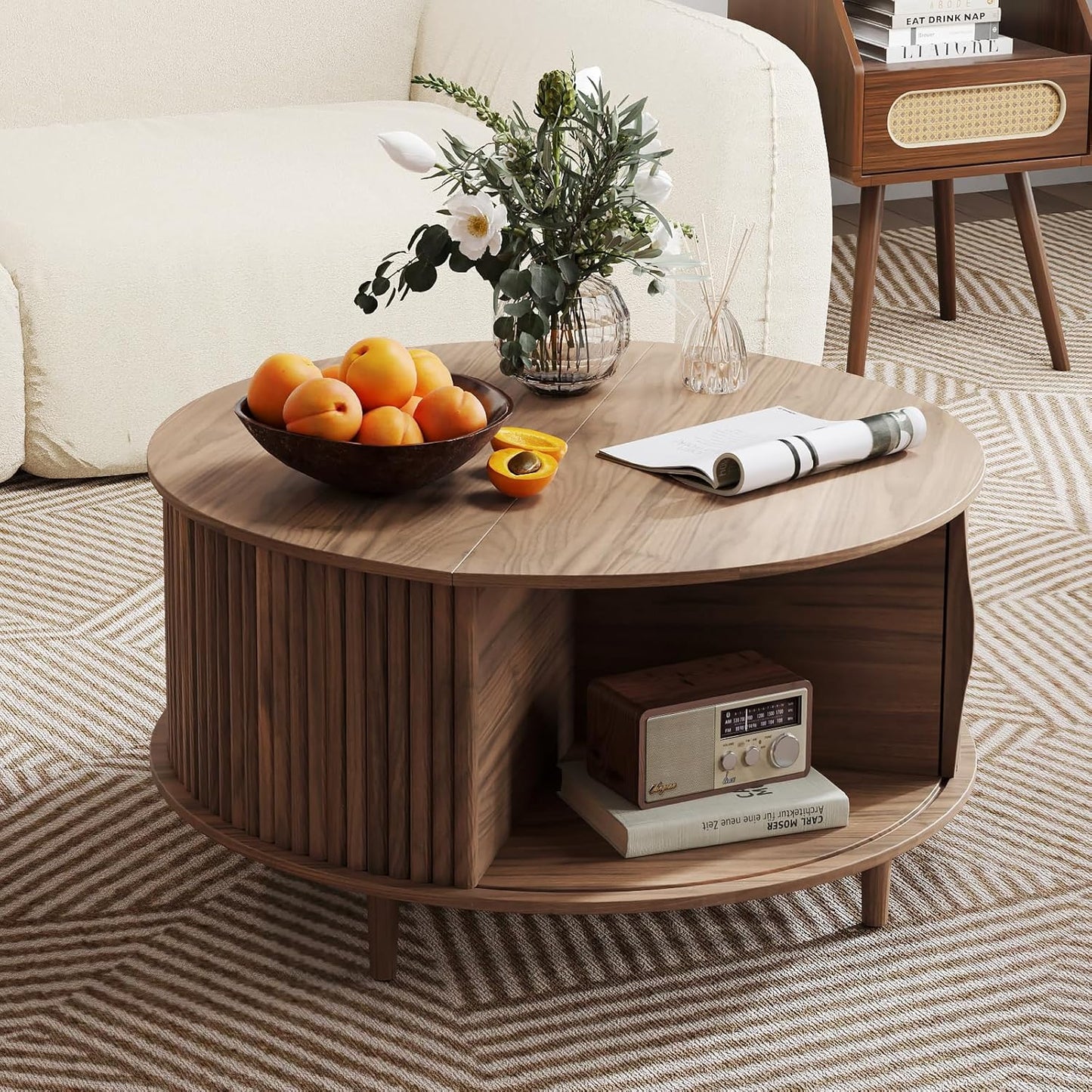 Round Coffee Table with Storage, 31.5" Fluted Center Table for Living Room, Modern Walnut Wood Circle Drum Table with Sliding Cabinet Door, Mid Century Furniture for Small Space