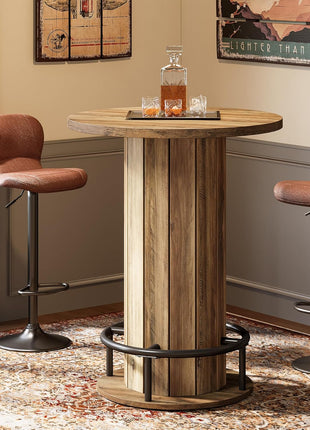 39.4-Inch Wood Bistro Pub Table with Metal Ring Footrest for Dining and Living Areas, Brown Finish