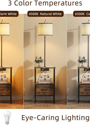 Set of 2 Rustic Brown Floor Lamps with End Tables, Integrated Charging Station and USB Ports, Nightstands with Fabric Drawers, 3 Color Temperature LED Lighting for Living Room and Bedroom, 14.9" W