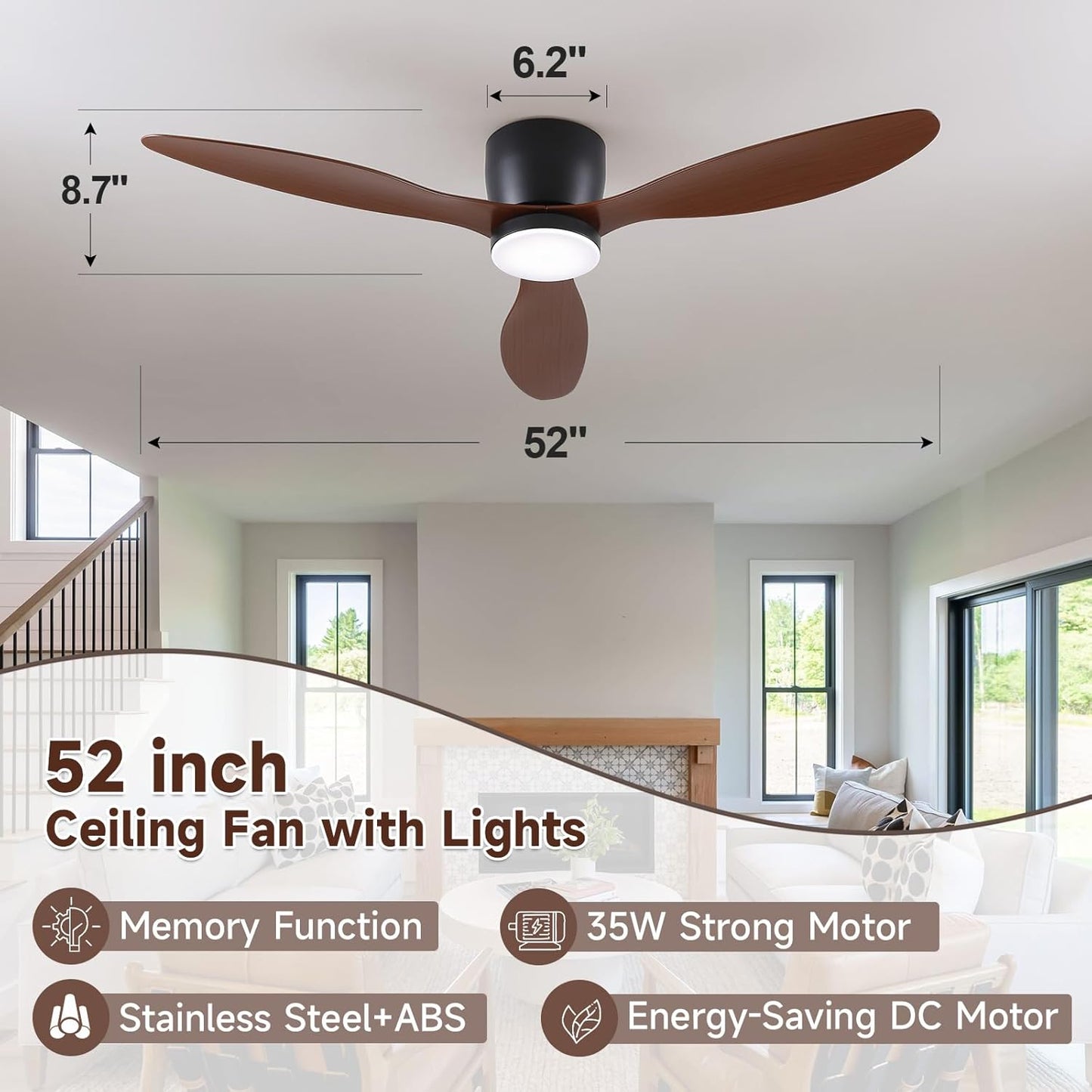 Low-Profile Ceiling Fan with Light - 52 Inch Flush Mount Modern Ceiling Fans with Remote Control/App, Dimmable 3CCT, 35W DC Motor, for Indoor Bedroom Living Room