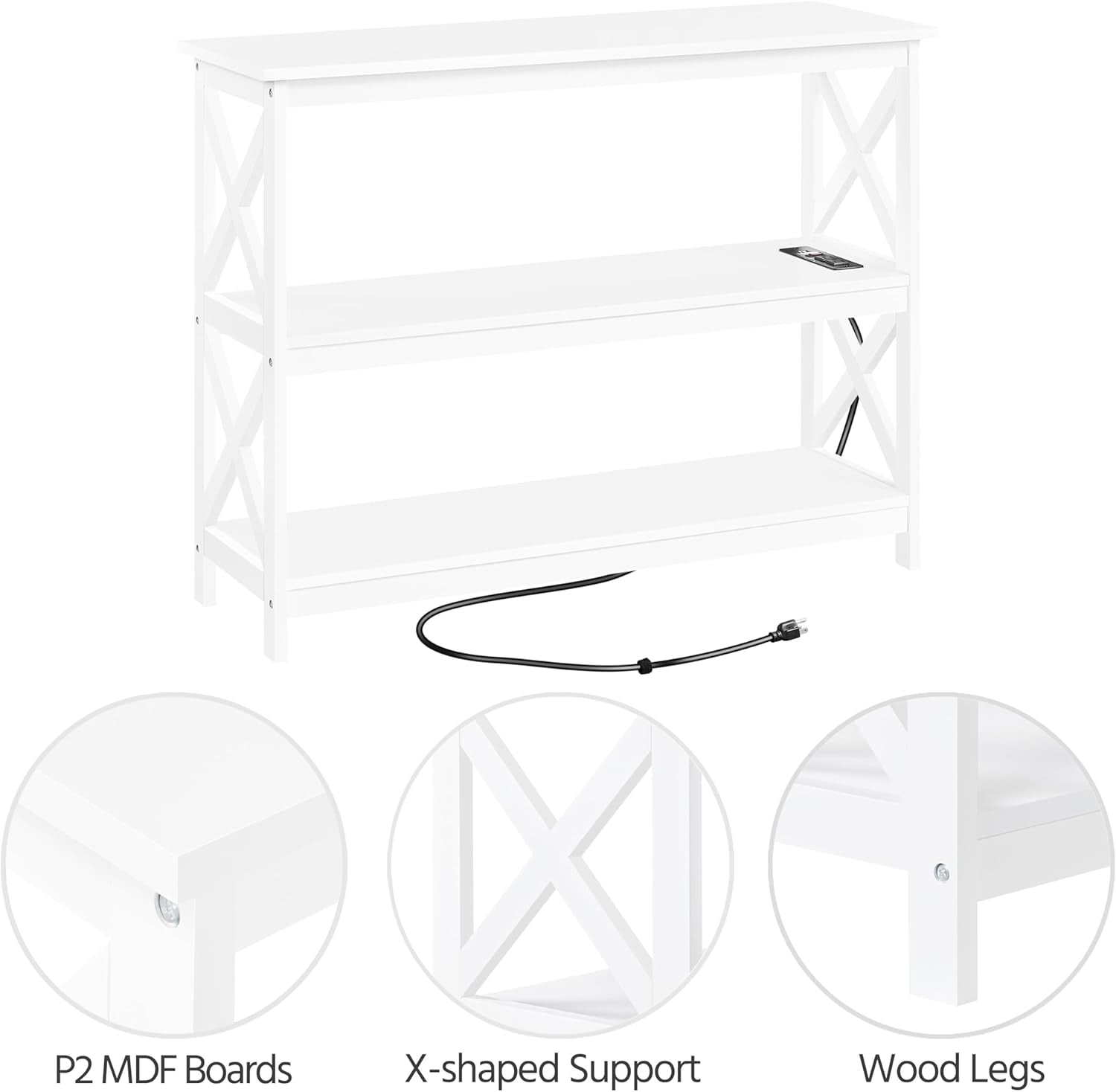 Entryway Table with Storage Shelves, Console Table with Power Outlets and USB Ports, Wood Narrow Sofa Tables with X-Shaped Design for Living Room/Hallway/Couch, White