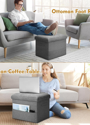 Extra Thick Foam Padded Storage Ottoman with Foldable Footrest, Linen Fabric Bench for Bedroom and Living Room, 43L Capacity, 300 lbs Weight Capacity, Dimensions: 17" x 13" x 13", Dark Gray