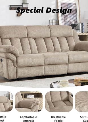 Manual Reclining Sofa Set with Overstuffed Armrests for Living Room, Bedroom, and Office - 3-Seater in Light Brown