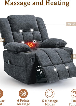 360° Swivel Rocker Recliner Chair for Adults with Massage and Heating Function, Nursery Glider Recliner Featuring Cup Holder, Manual Recliner for Living Room and Bedroom (Fabric, Dark Gray)