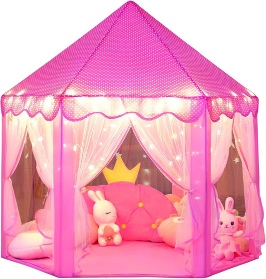 Princess Castle Play Tent for Girls Large Kids Play Tents Hexagon Playhouse with Star Lights Toys for Children Indoor Games (Pink)