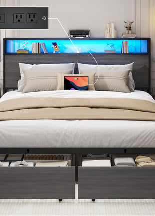 Queen Bed Frame with Dual-Tier Storage Headboard, Metal Construction, Integrated Fast-Charging Station, LED Lighting, Noise-Free Design, No Box Spring Required, Easy Assembly, Rustic Grey Finish
