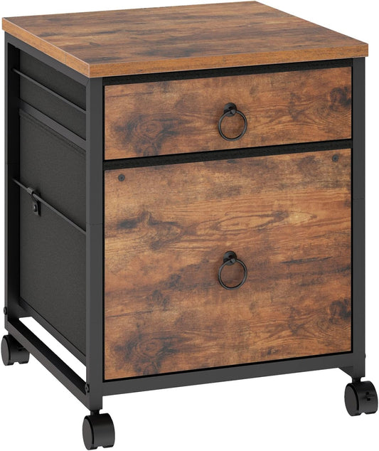 File Cabinet, 2-Drawer Vertical Mobile Office Cabinet, Rolling Printer Stand, for A4/Letter Size Files, Nonwovens Drawer, for Home Office, Rustic Brown BF21WJ01