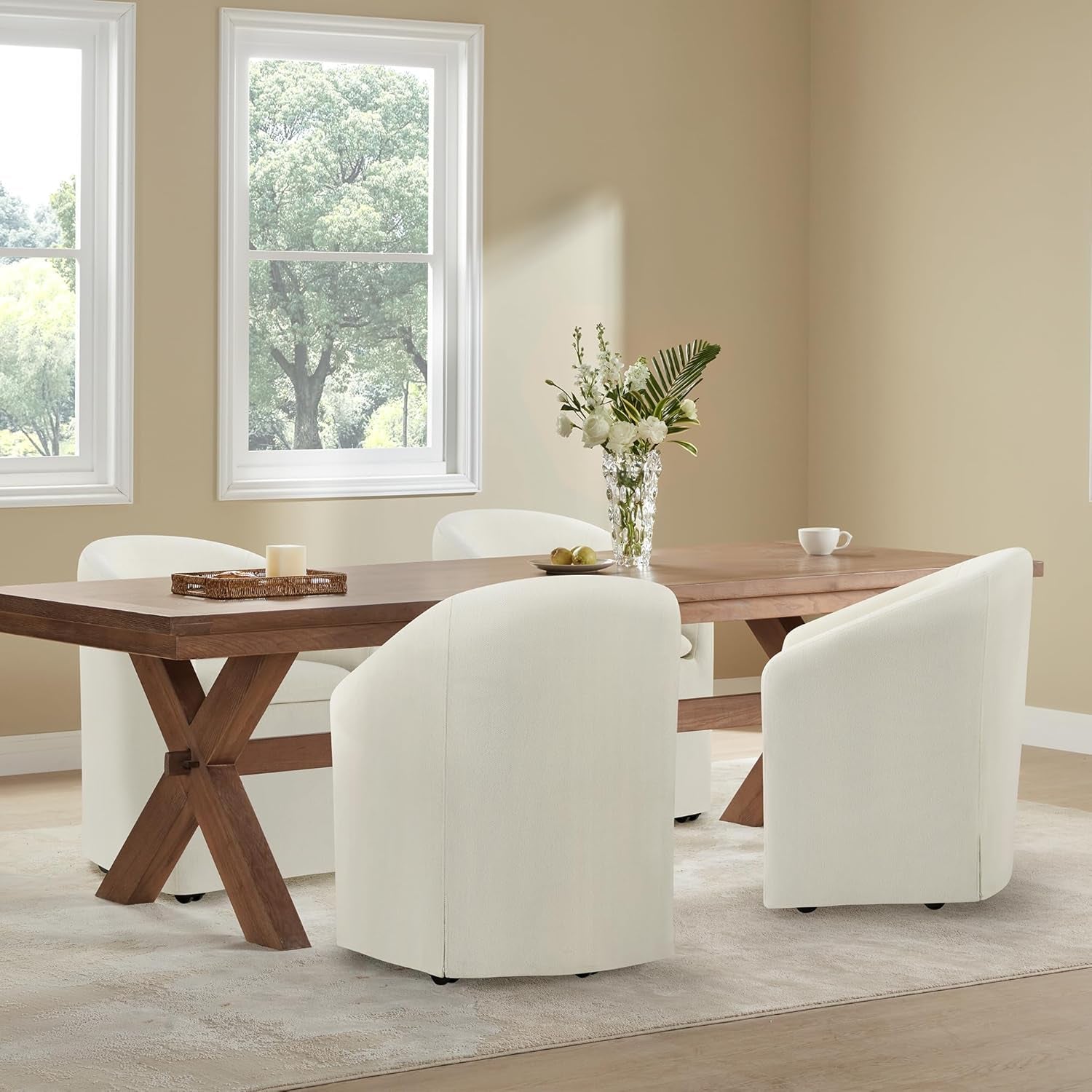 Upholstered Dining Chairs with Casters, Washable Cover Modern Dining Room Chairs with Barrel Backrest & Dual Armrest for Kitchen, Living Room, Bedroom, Linen Fabric, 4PCS