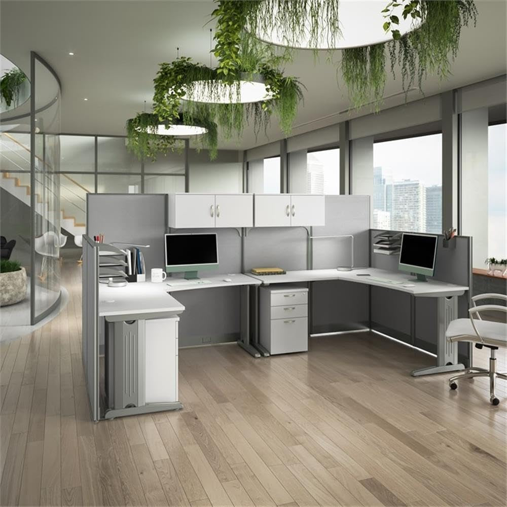 Bush Business Furniture Office in an Hour 2 Person L Shaped Cubicle Desks with Storage, Drawers, and Organizers in Pure White | Double Workstation Set with Privacy Panels for Commercial Workspace