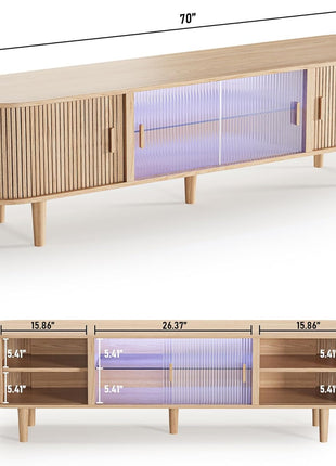 70-Inch Mid-Century Modern TV Stand with LED Lighting for TVs up to 75 Inches, Featuring Sliding Doors and Glass Shelf, Natural Oak Media Console for Living Room