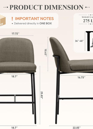 Set of 2 Contemporary 25-Inch Upholstered Counter Height Bar Stools with Back and Metal Legs for Kitchen Island and Dining Room, Brown