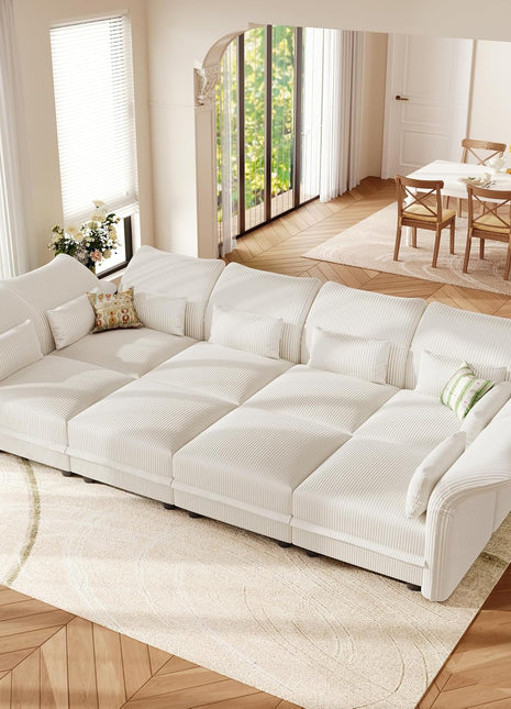 Corduroy Modular Sectional Sofa with Storage Seat, Convertible Design for Living Room, Adjustable Armrests and Backs, Plush Cushions, Seating for 8, Beige | Tool-Free Assembly, Versatile Layout Options