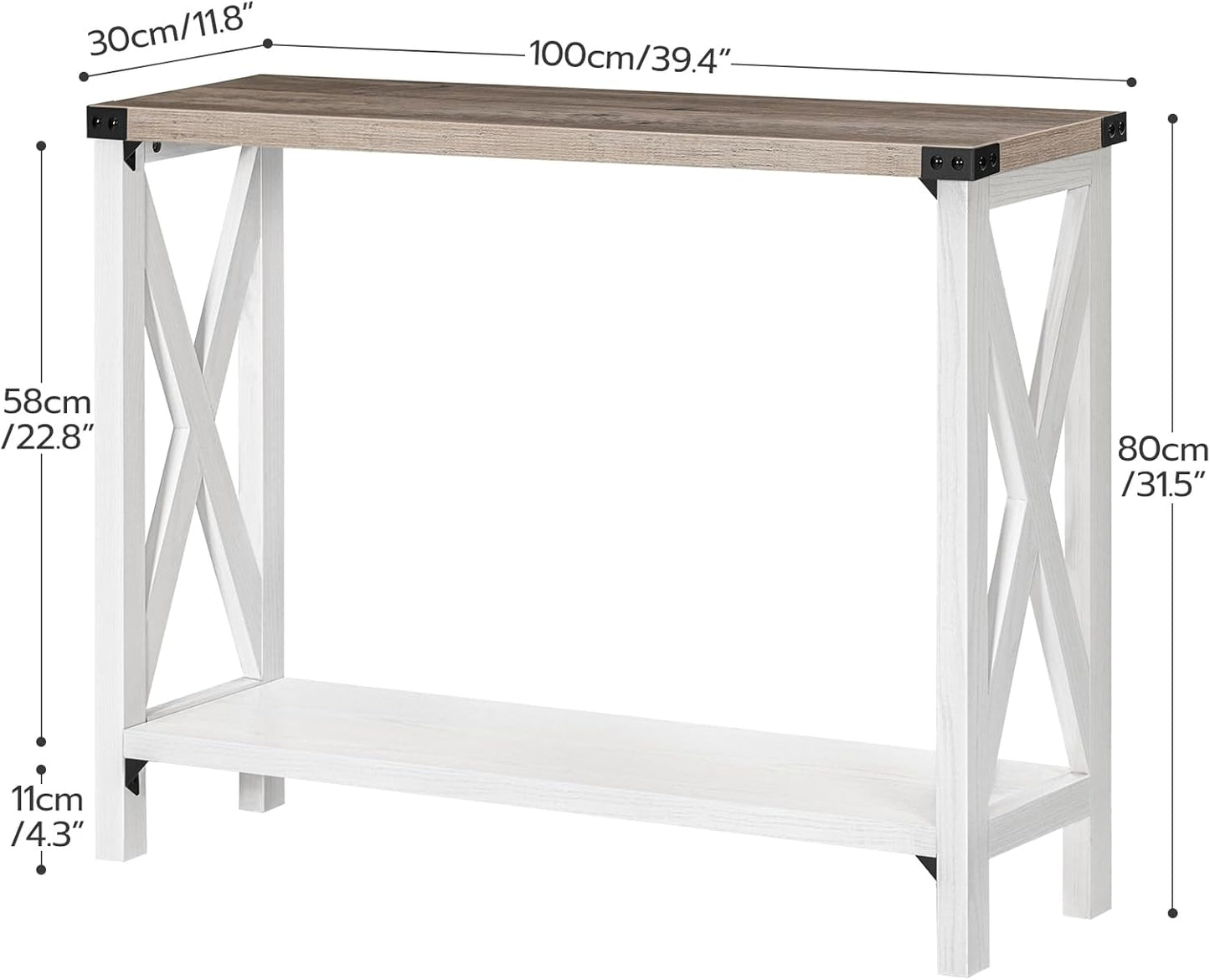 Narrow Console Table, Small Entryway Table, Farmhouse Sofa Table with 2 Open Shelves, for Hallway, Living Room, White and Greige WG08XG01