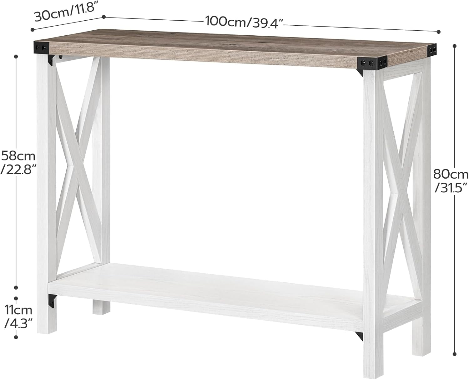 Narrow Console Table, Small Entryway Table, Farmhouse Sofa Table with 2 Open Shelves, for Hallway, Living Room, White and Greige WG08XG01