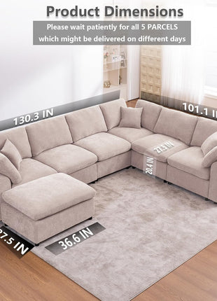 Oversized Modular U-Shaped Sectional Sofa with Ottoman - 7-Seater Modern Corner Couch in Beige Chenille for Living Rooms and Offices
