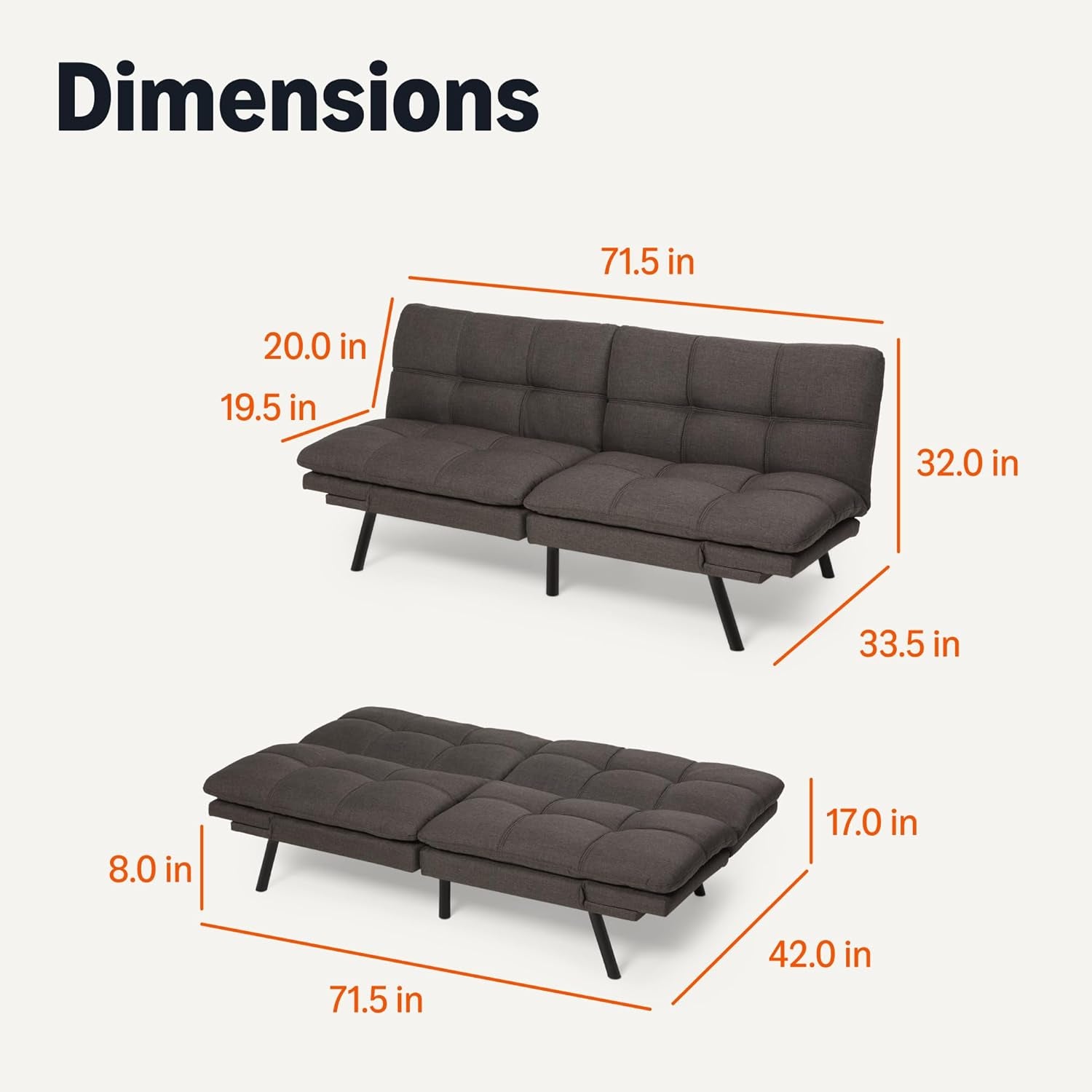 Futon Sofa Bed, Convertible Memory Foam Sofa Couch Modern Loveseat Sleeper for Small Compact Living Room,Office,Apartment,Dark Grey Linen Fabric