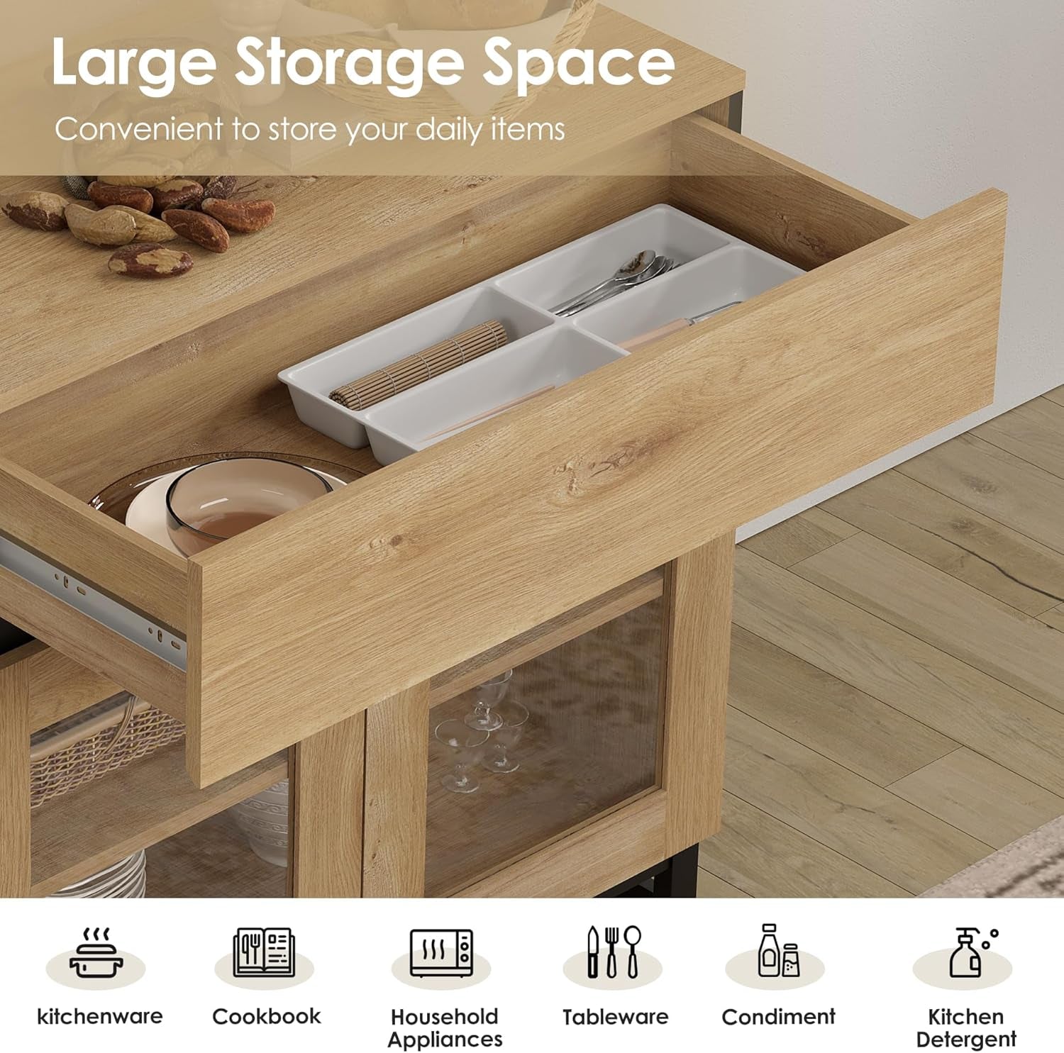 3 in 1 Multifunctional Sideboard Buffet Cabinets with 6 Glass Doors, Modern Sideboard Credenza, Coffee Bar Storage Cabinet for Living Room, Kitchen, Oak