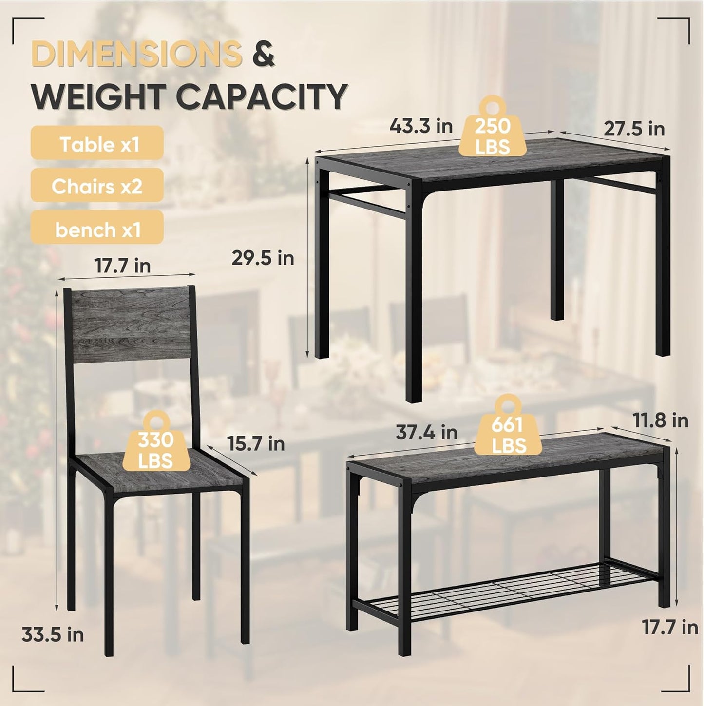 Kitchen Table and 2 Chairs for 4 with Bench, 4 Piece Dining Sets for Small Space, Dark Grey
