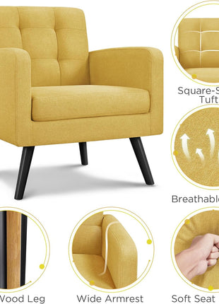 Set of 2 Mid-Century Modern Upholstered Accent Chairs with Button Tufted Back and Wooden Legs for Living Room, Bedroom, Office, or Cafe - Yellow