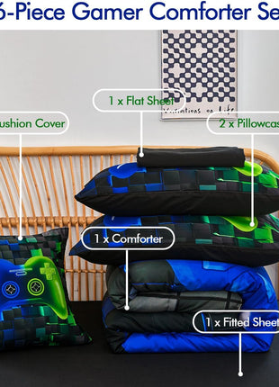 6-Piece Full Size Bed in a Bag Video Game Bedding Set for Boys, Featuring Soft 3D Printed Comforter and Sheets in Blue and Green, Ideal for Kids and Teens