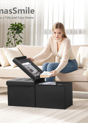 34-Inch Black Leather Storage Ottoman Bench with Padded Seat and Flip-Top Lid for Living Room and Bedroom