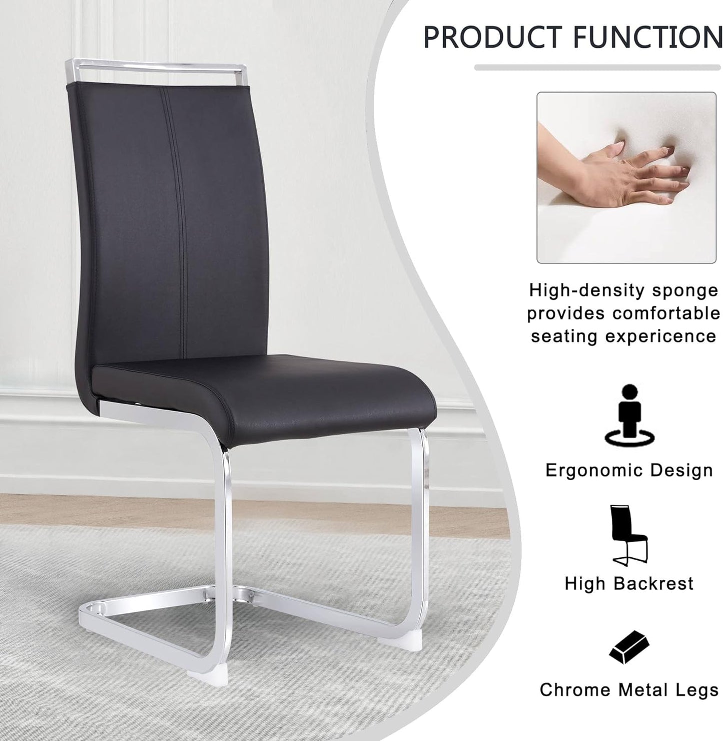 Modern Leather Dining Chairs Set of 4,Armless Kitchen Chairs,Dining Room Chairs with Upholstered Padded Seat and Sturdy Chrome Legs for Dining Room,Kitchen (Set of 4, Black+Pu Leather)