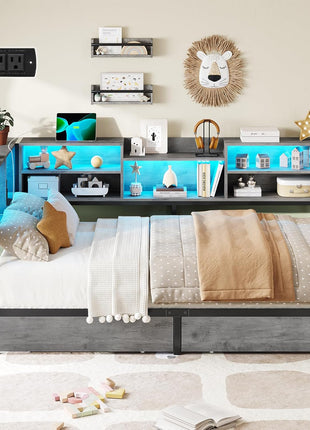 Twin Corner Bed Frame with Bookcase Storage Headboard and LED Lighting, Metal Platform Design with Drawers and Charging Station, Ideal for Kids and Teens, Oak Gray Finish