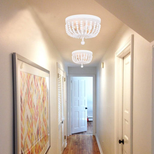 14.1" Flush Mount Light, White Wood Bead Chandelier, 2 Light Ceiling Light for Bedroom, Hallway, Foyer, ETL Listed, AL9031-S2