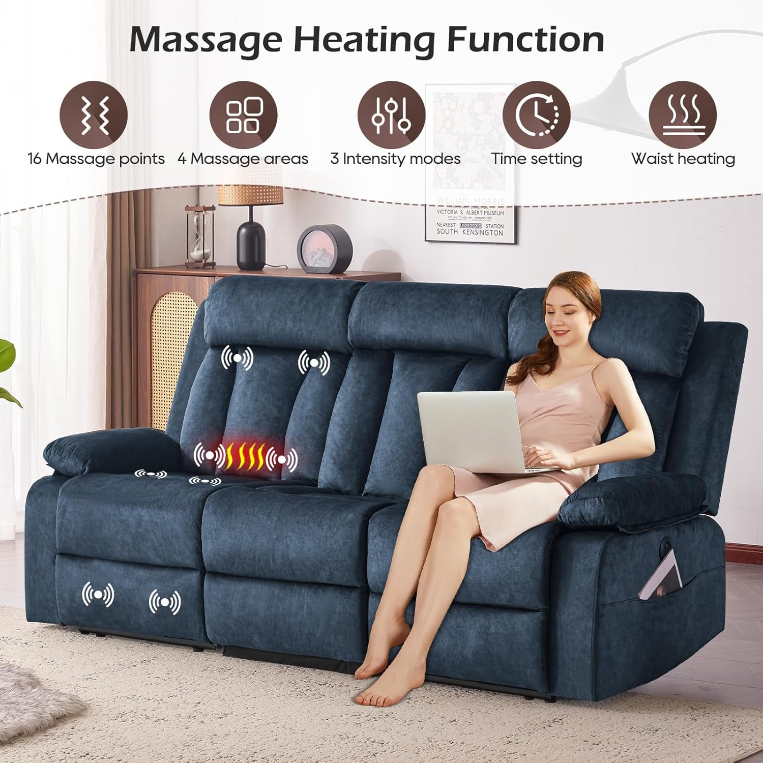 Power Recliner Sofa with Heat&Massage, Electric Reclining Couch with Multi-Function Console/Usb Ports/Type C, Wall Hugger 3 Seater-Sofa Recliner, Reclining Sofa Couch for Living Room