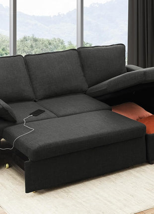 Contemporary Dark Gray 2-in-1 Pull-Out Sectional Sofa Bed with Storage, USB Ports, and Cup Holder - Ideal for Apartment Living Spaces
