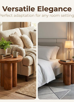 Gaia Round End Table - Solid Mango Wood for Rustic Elegance in Living Room and Farmhouse Décor - Versatile Side Table and Nightstand in Walnut Finish