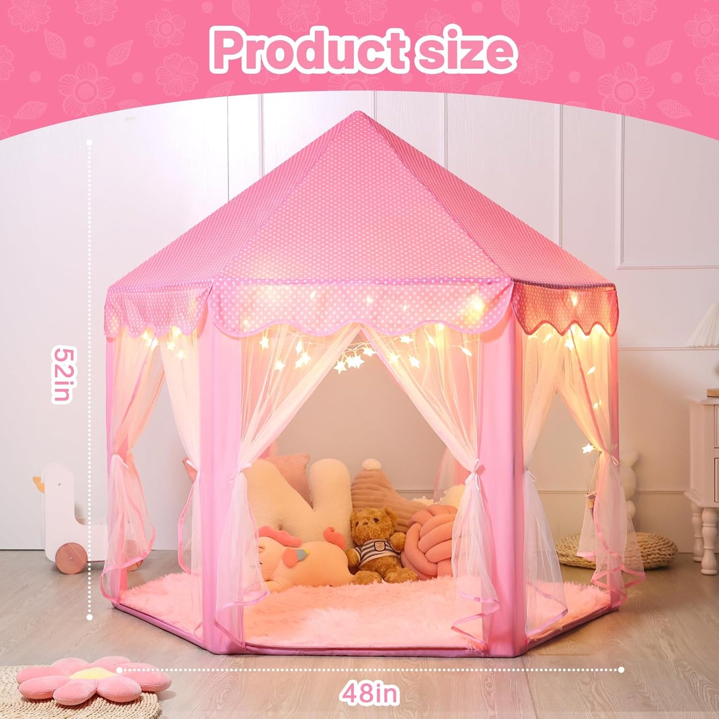 Princess Tent for Girls Indoor: with Rug, Star Lights - Pink Play Tent for Kids, Girls Toys for Indoor and Outdoor Games, Princess Castle Playhouse