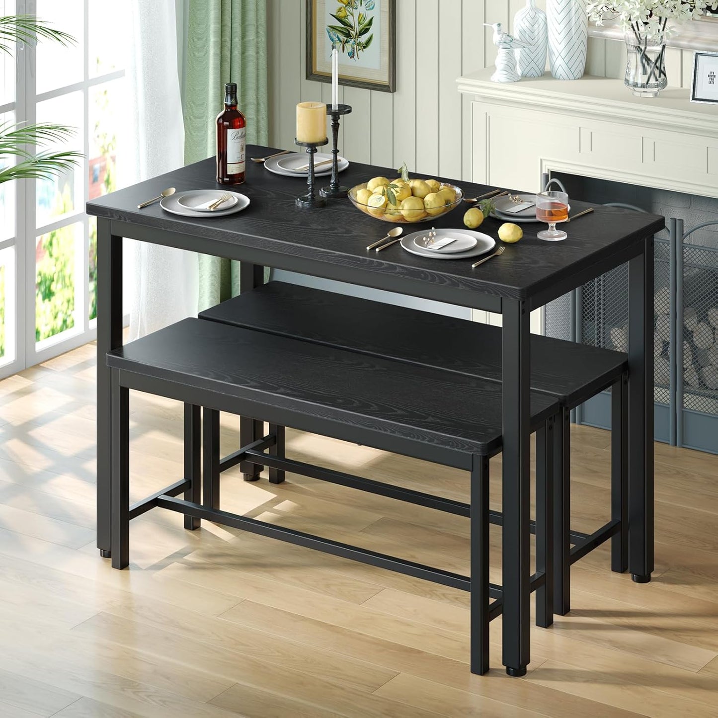 Dining Table Set for 4, 3-Piece Kitchen Table with 2 Benches, Space-Saving Dining Room Set for Breakfast Nook and Small Spaces, Black