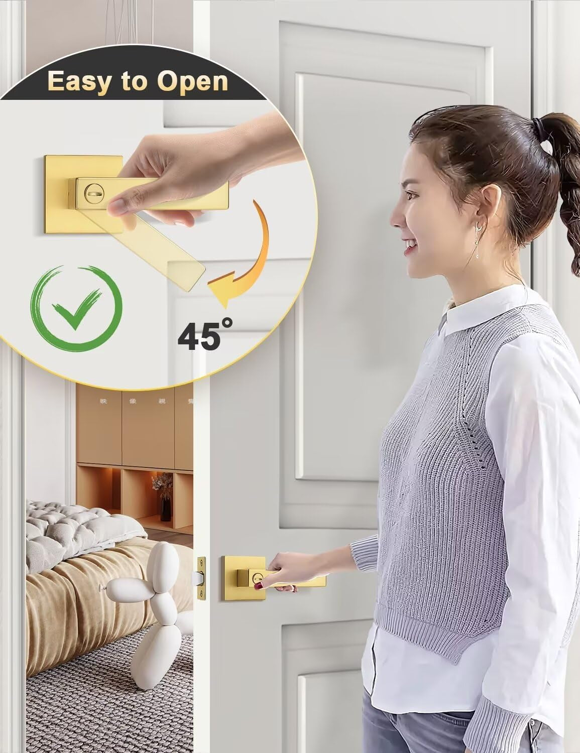 10 Pack Heavy Duty Gold Square Privacy Interior Door Levers, Satin Brass Finish, Bedroom and Bathroom Door Handles Keyless Bed/Bath Lockset